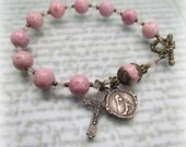 Catholic Rosary Bracelet -St therese medal in bronze, with Pink Riverstone gemstones