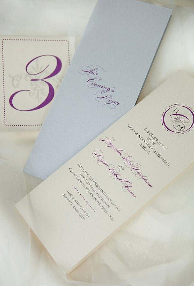 Paris Wedding Suite Program, Menu, Escort/Place Cards, Table Number - Plum Purple, Pewter Grey and Silver, Customizable