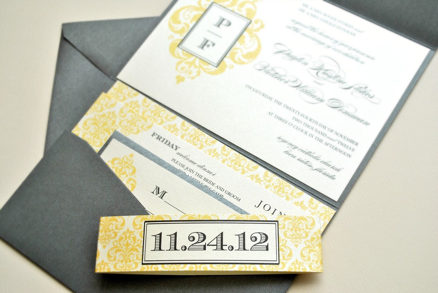 Damask Wedding Invitation Pocketfold - Ivory, Yellow and Pewter Grey (customizable)