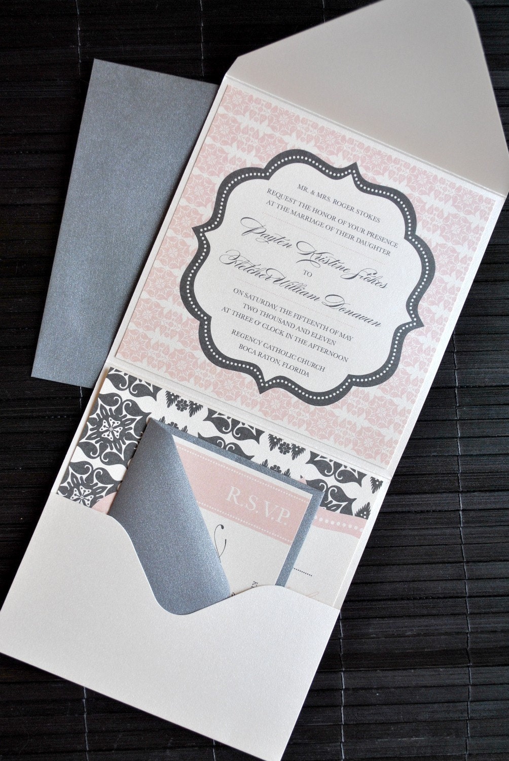 Liya Pocketfold Wedding Invitation Suite - Ivory, Charcoal, Pale Pink, customizable