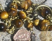 Tiger Eye Rosary Bracelet, Gold Brown Gemstone, Brass Accents, Bronze Medals, Unbreakable, Catholic, One Decade