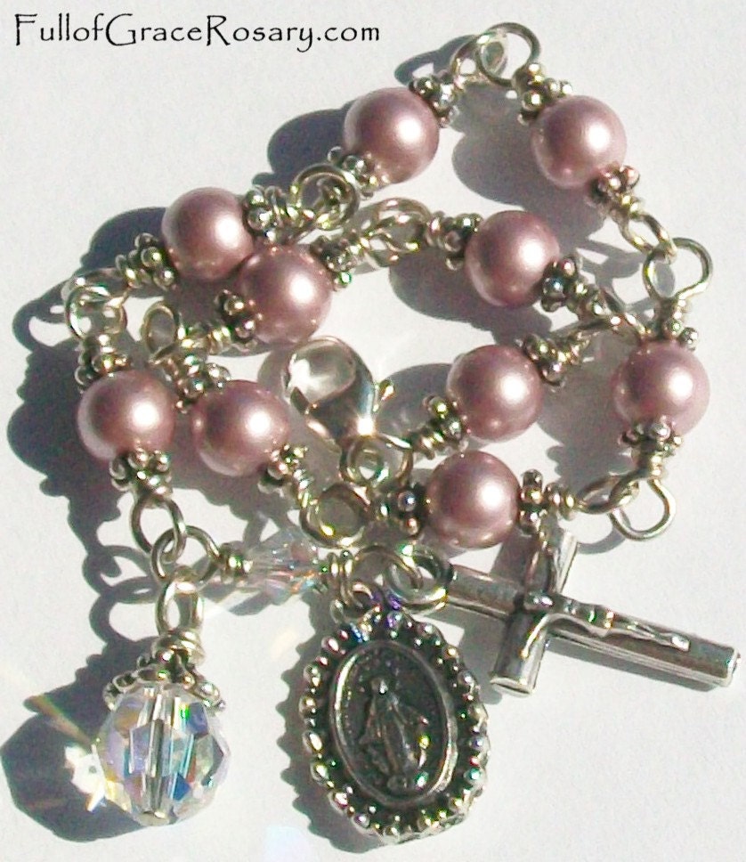 1st Communion Girl's Rosary Bracelet Pink Swarovski Crystal Pearls Unbreakable