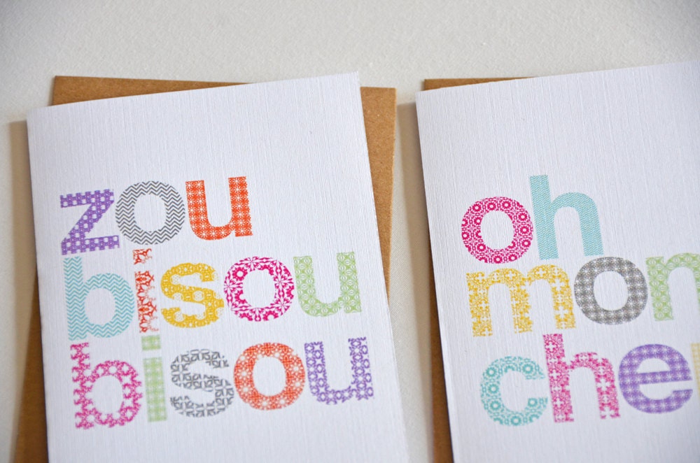 Set of 8, blank, note cards. 9 envelopes. Zou Bisou Bisou. Oh Mon Cheri.