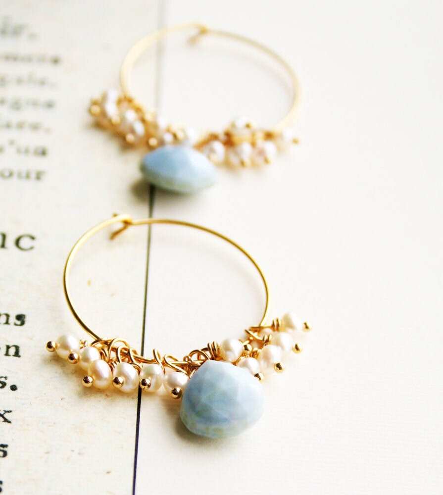 Blue Opal Earrings, Hoop Earrings, Gemstone Jewelry