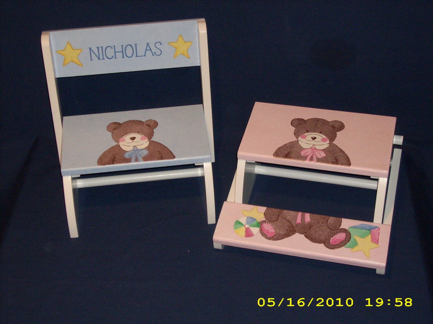 Kids Personalized Flip-Up  Stool/Chair with Design PAINTED on ALL..3.. SURFACES....Bears With Toys