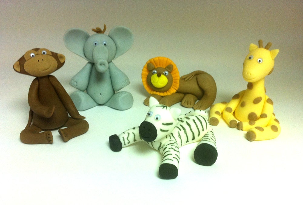 Fondant Jungle Baby Shower Cake toppers, Jungle cake decorations, lion, zebra, elephant, monkey, giraffe