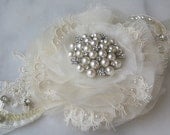 Pale Champagne Lace Bridal Sash, Ivory and Champagne Wedding Belt, Pearl and Rhinestone Bridal Belt  -  SALENA