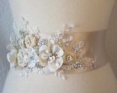 Champagne Bridal Sash, Ivory Wedding Belt, Rhinestone and Pearl Flower Sash with Lace - CHERI