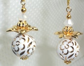 Sophisticated Vintage West German Lucite Beaded floral earrings in gold and white colors