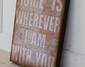 Home is wherever I am with you.  Print mounted on Tin 12" x 16"- Distressed Map with White lettering.