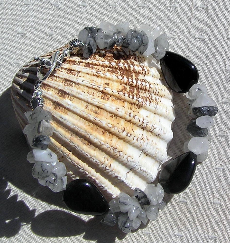 Black Onyx & Tourmalinated Quartz Crystal Gemstone Bracelet - "Black Iris"