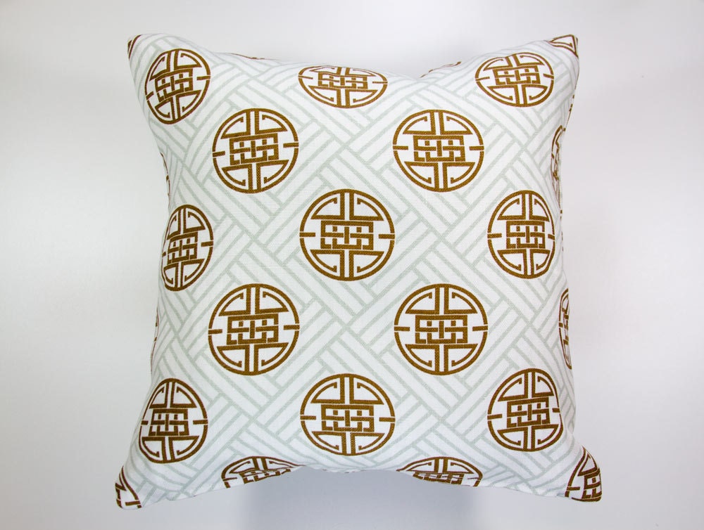 Two white Greek Throw Pillow Covers 16x16. Light green and brown Linen