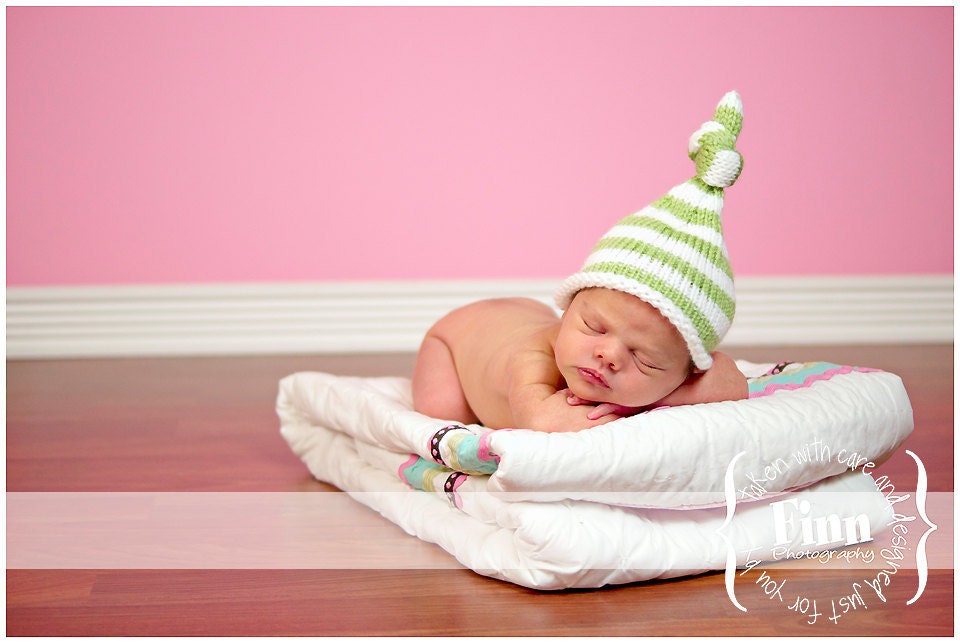 Knit Baby  Hat,  Newborn, Hand Knitted Striped Infant Cap, U Choose Colors, Photography Prop, Elf Top Knot Beanie, All Sizes