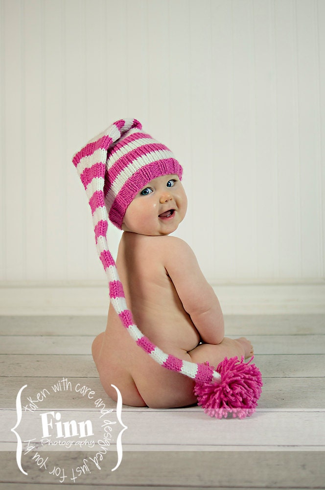 Knit Baby Hat, Stocking Elf Newborn, Knitted Infant Photo Prop, Pink, White, Valentines, All Sizes, LONG tail, Munchkin Pixie Beanie