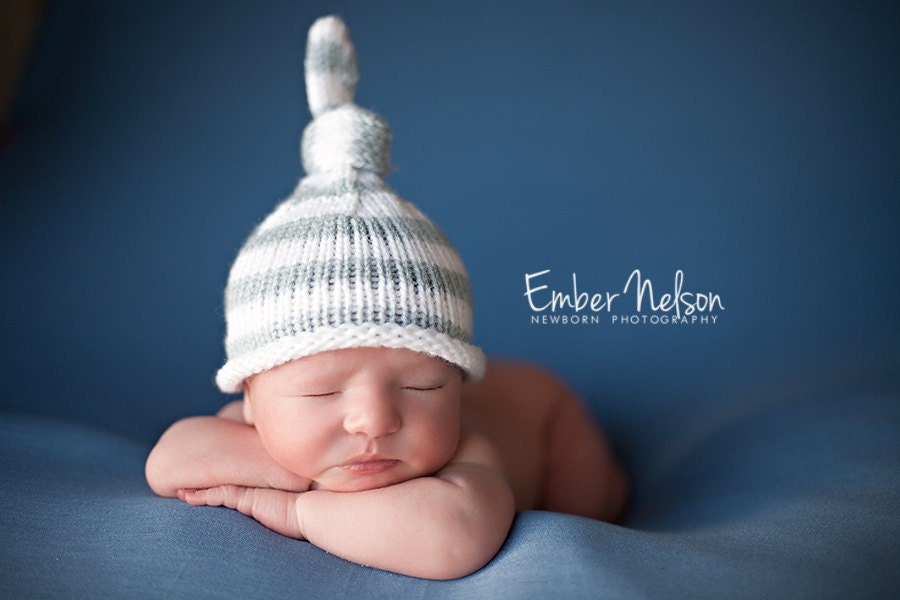 Knit Baby Hat, Newborn, Hand Knitted Striped Infant Cap, U Choose Colors, Photography Prop, Elf Top Knot Beanie, All Sizes