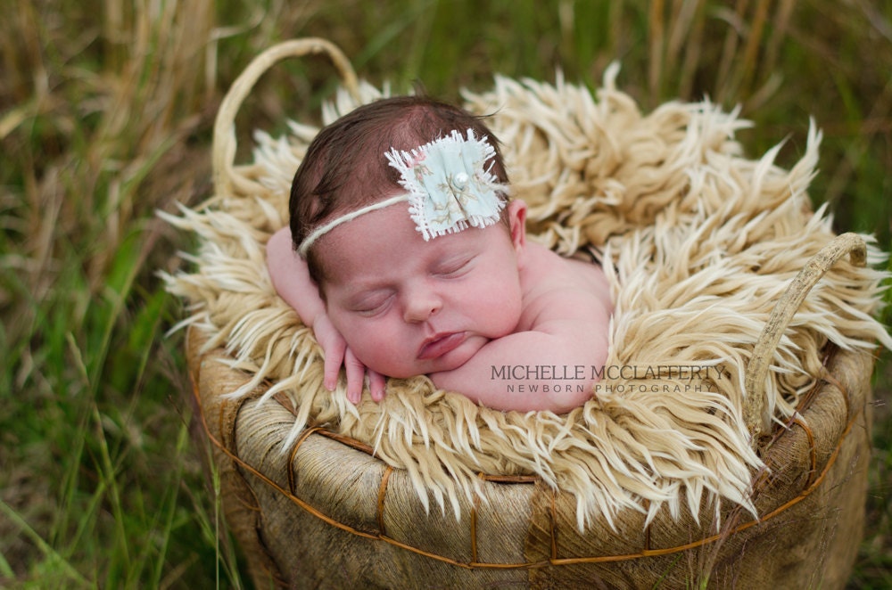 Baby Headband, Newborn Ruffle Head Band, Photo Prop, Blue Floral, Burlap, Farmhouse Shabby Chic,  Pearl, NB - Adult, Accessory