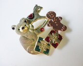 vintage Christmas presents gifts pin brooch with teddy bear and ginger bread man