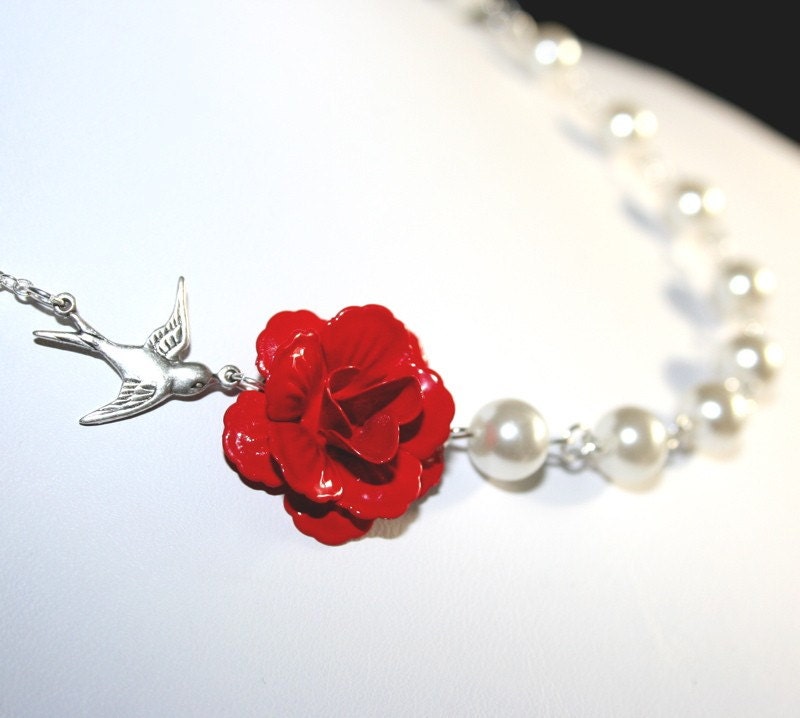 Flower Necklace, Red Rose Necklace, White Pearls, Wedding Jewelry, Bridesmaid Gift, Sterling Silver chain available, Mother's day gift