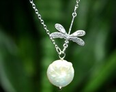 Dragonfly Necklace  with freshwater coin pearl, Sterling Silver chain available
