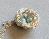 Bird Nest Necklace With Light Blue/ Grey Eggs, Sterling Silver chain available, Mother's day gift