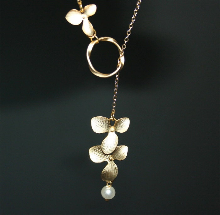 Gold Orchid Necklace, Lariat Flower Necklace with gold twisted circle