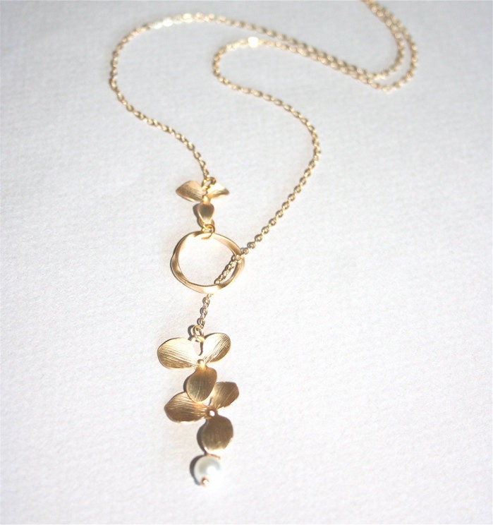 Gold Orchid Necklace, Lariat Flower Necklace with gold twisted circle