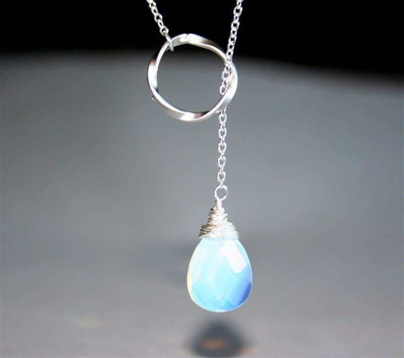 Opalite Moonstone Necklace Lariat necklace with silver circle - gold available, Sterling Silver chain available