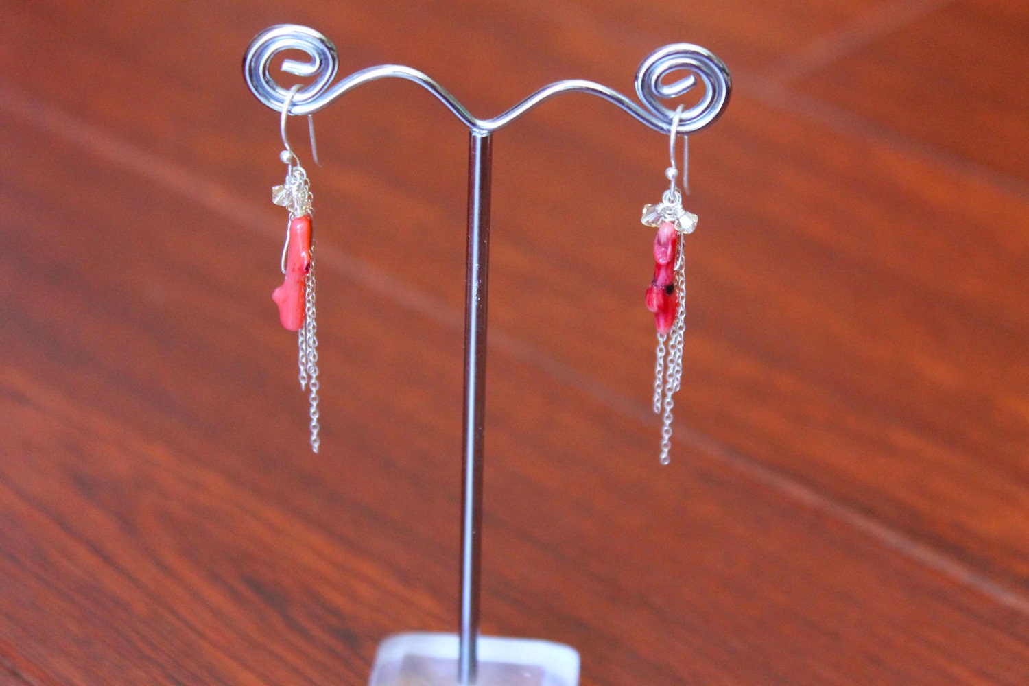 Coral Waterfall Earrings with Sterling Silver and Crystal