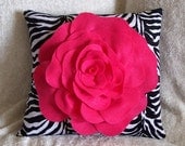 Hot Pink Rose on Zebra Pillow 14x14