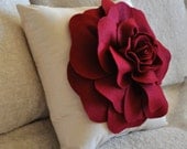 Rose Applique Ruby Red Rose on Cream Pillow 14x14