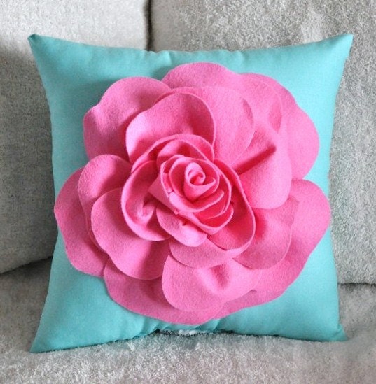 Throw Pillow Pink Rose on Bright Aqua Pillow 14 x 14