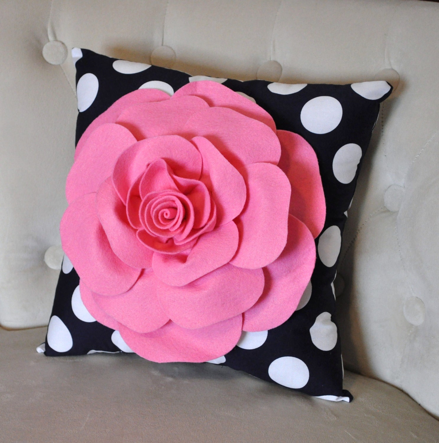 Flower Pillow -Pink Rose on Navy Polka Dot Pillow Baby Nursery Decor