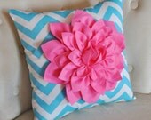 Pink Dahlia on Girly Blue and White Zigzag Pillow -Chevron Pillow-