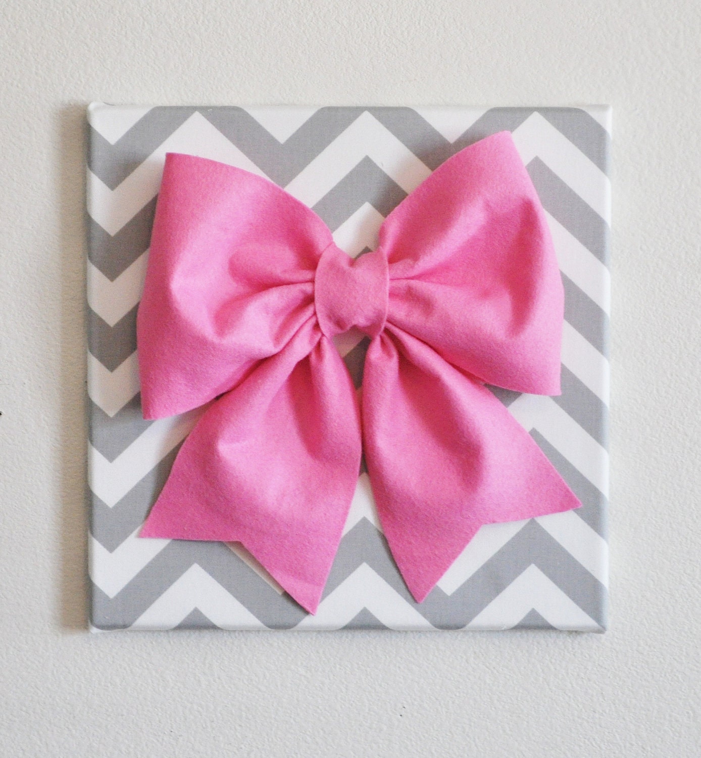 Large Pink Bow on Gray and White Chevron 12 x12" Canvas Wall Art- Baby Nursery Wall Decor- Zig Zag