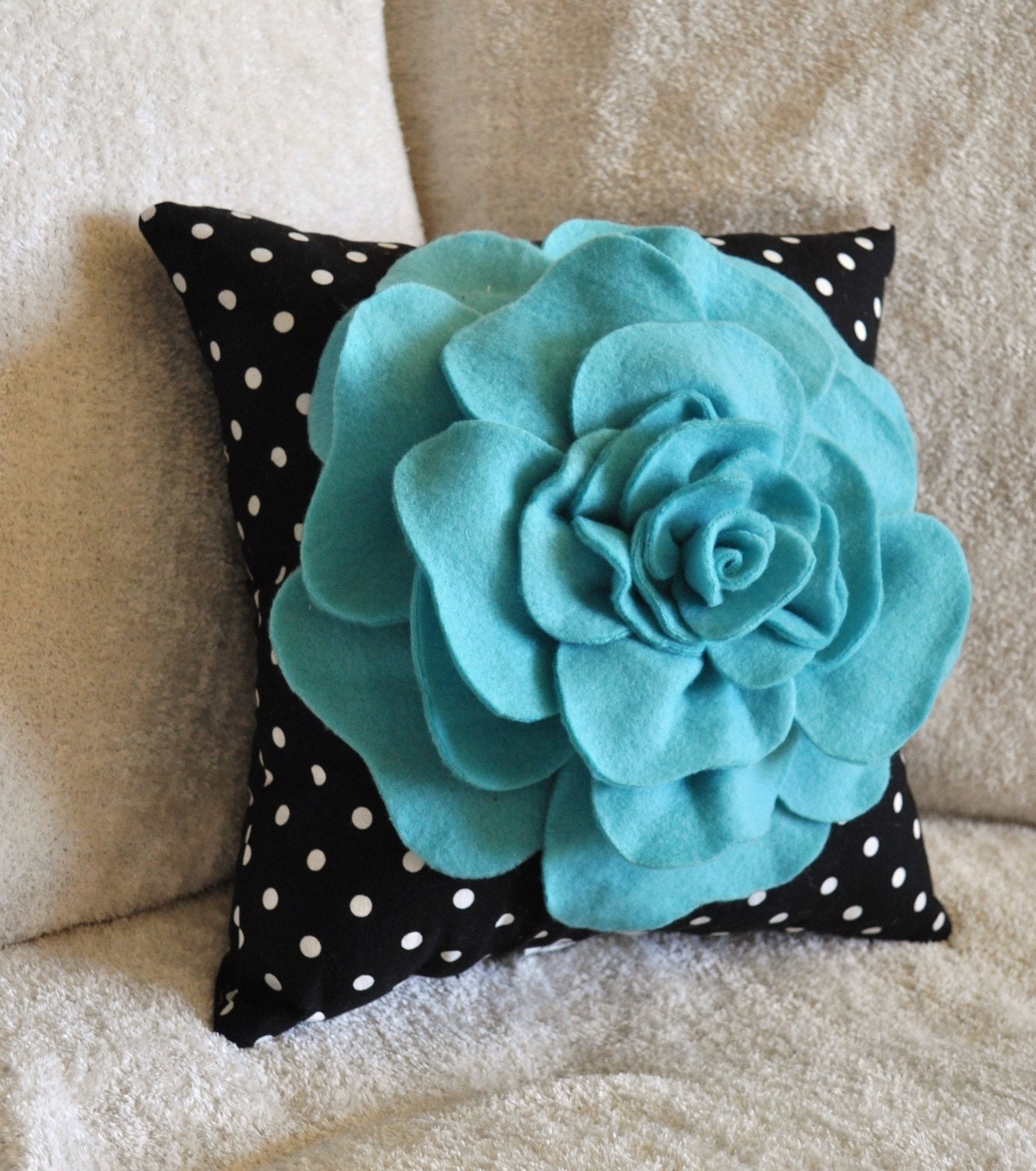 Turquoise Rose on Black with White Polka Dot Pillow