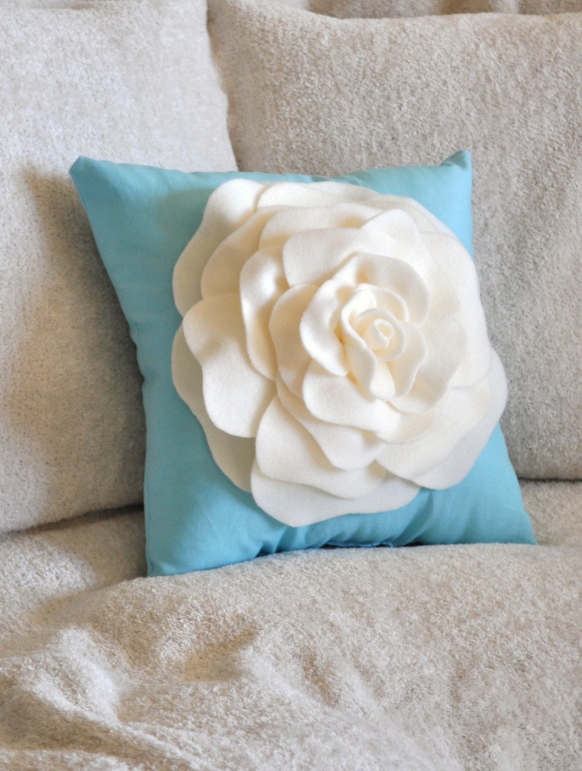Pillows, Throw Pillow, Ivory Rose on Bright Robins Egg Blue 14x14