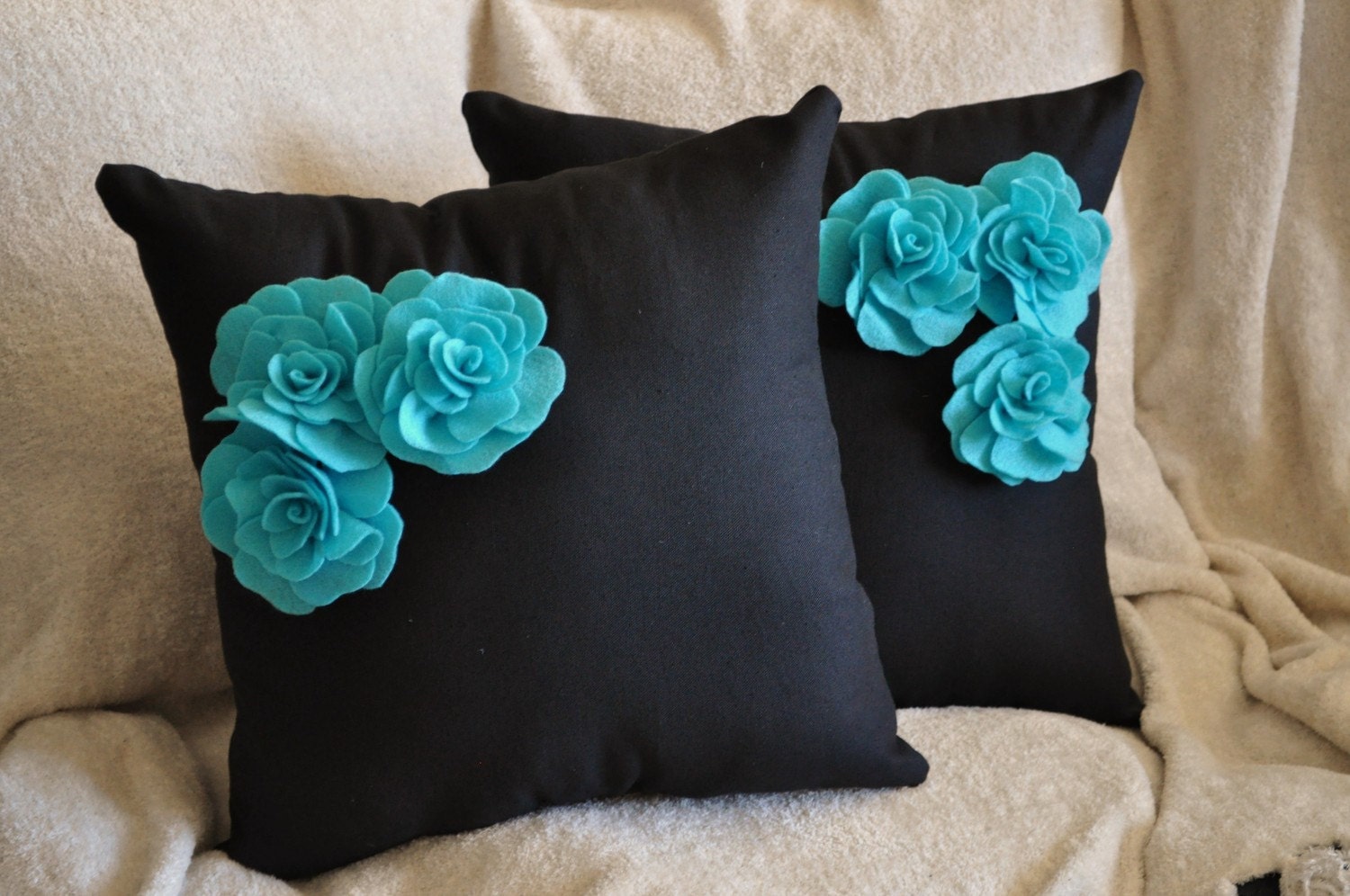 Two Decorative Pillows  - Turquoise Felt Rose Trio on Black Pillows 14"x14"