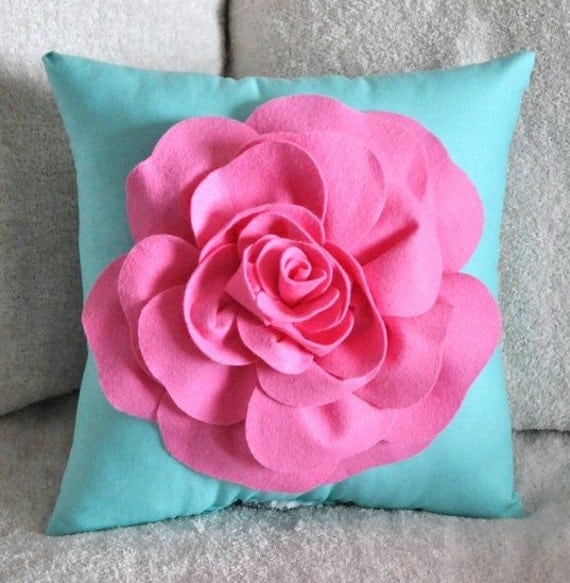 Throw Pillow Pink Rose on Bright Aqua Pillow 14 x 14