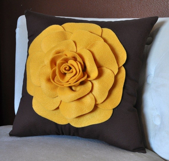 Throw Pillow - Vintage Pillow - Mustard Yellow Rose on Brown Pillow 14 x 14 Vintage Style