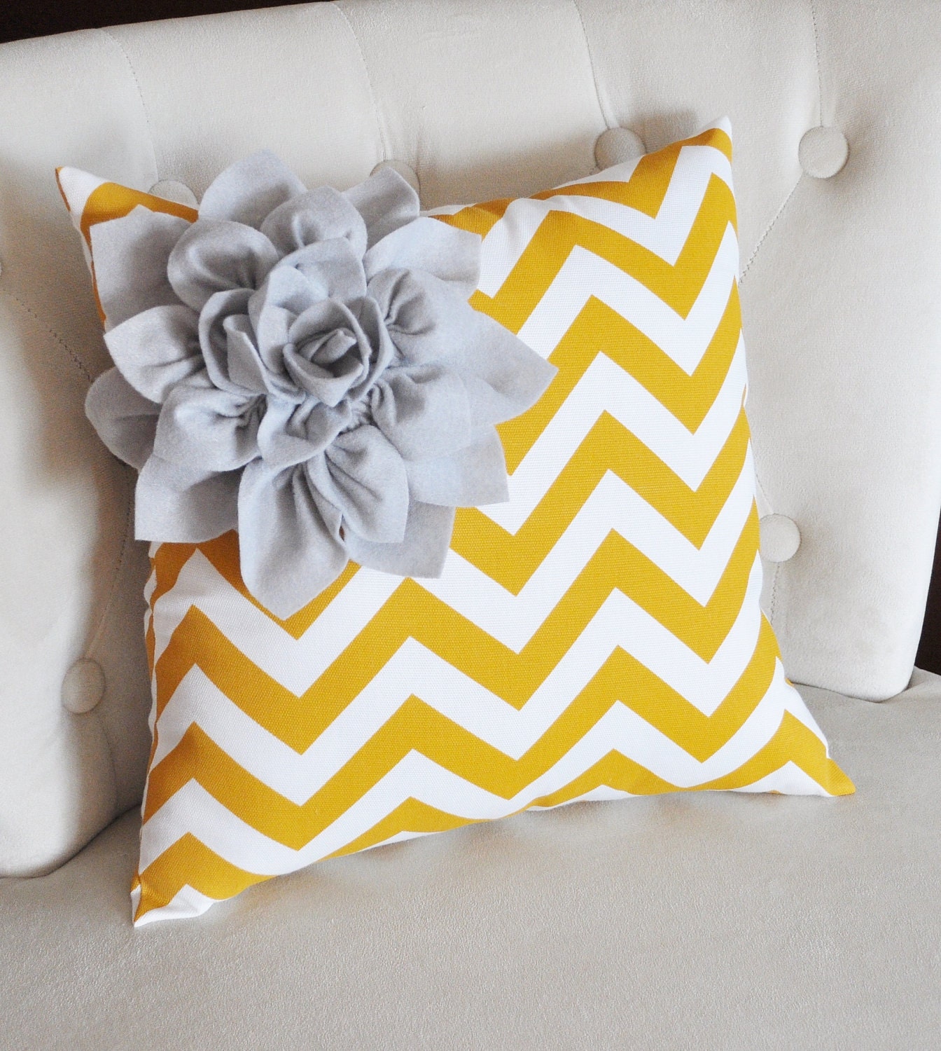 Gray Corner Dahlia on Mustard and White Zigzag Pillow 14 X 14 -Chevron Flower Pillow- Zig Zag Pillows