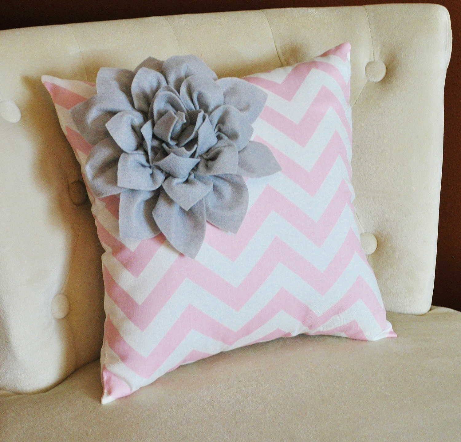 Gray Corner Dahlia on Light Pink and White Zigzag Pillow -Chevron Pillow-