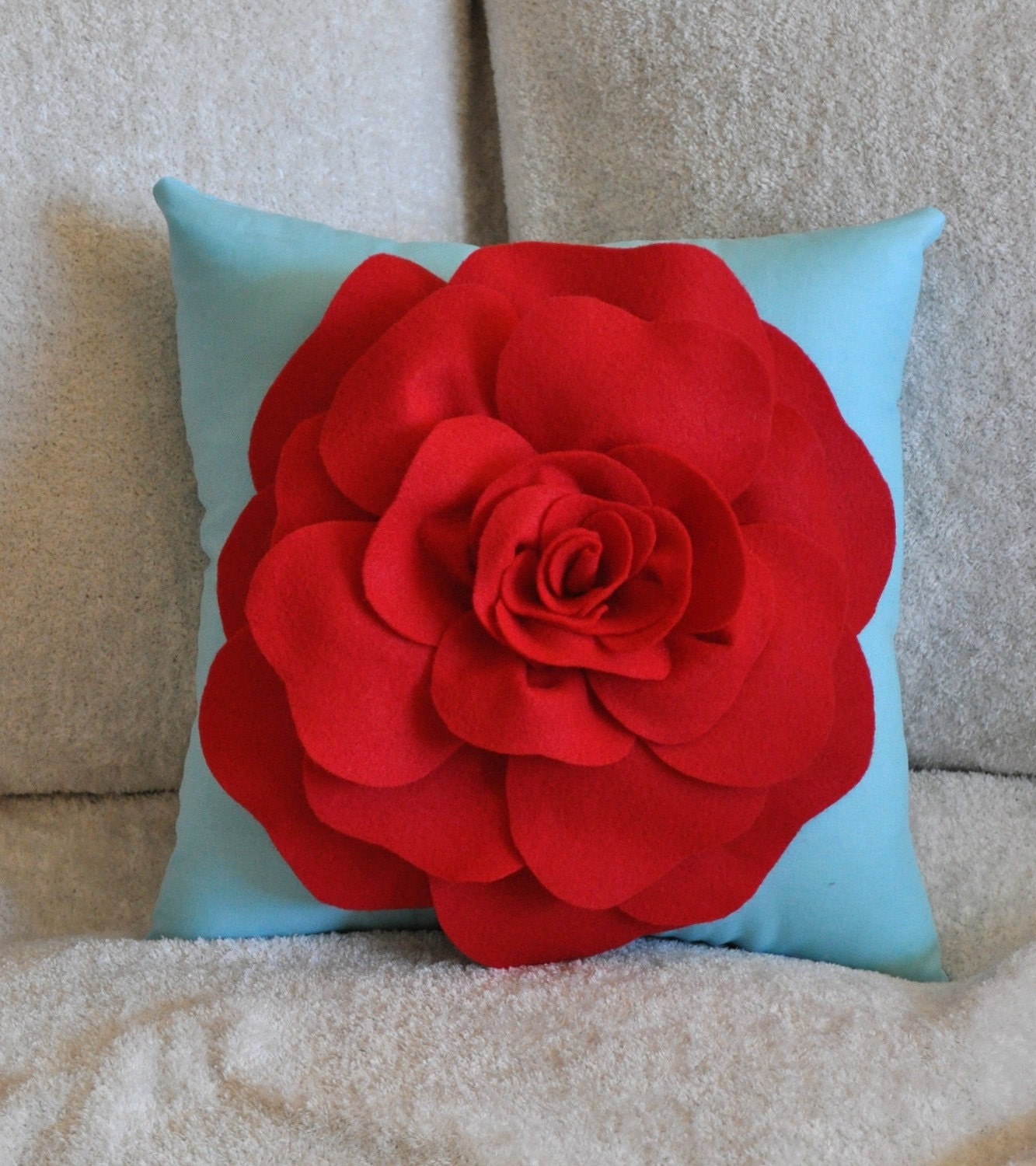 Flower Pillow Red Rose on Robins Egg Blue Accent Pillow