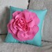 Throw Pillow Pink Rose on Bright Aqua Pillow 14 x 14