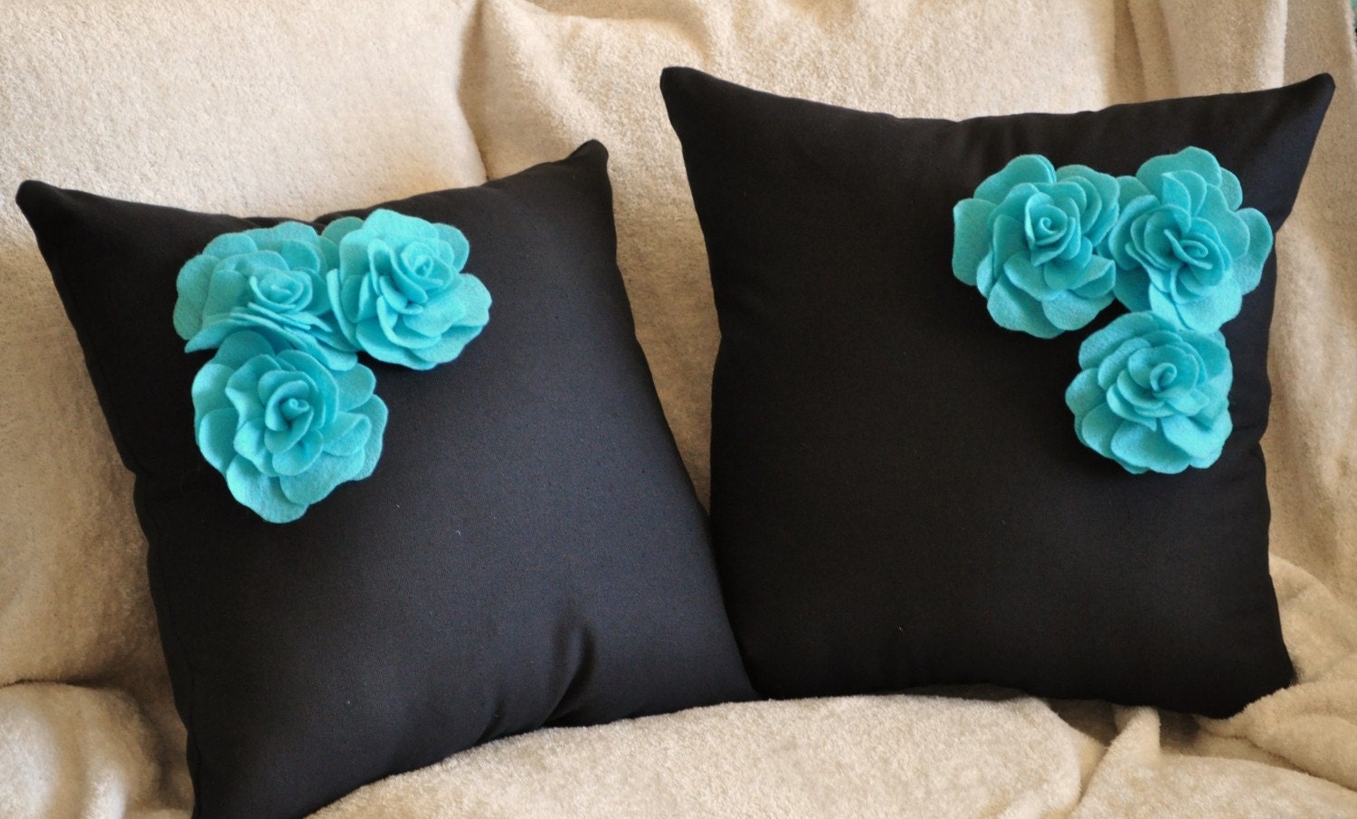 Two Decorative Pillows  - Turquoise Felt Rose Trio on Black Pillows 14"x14"