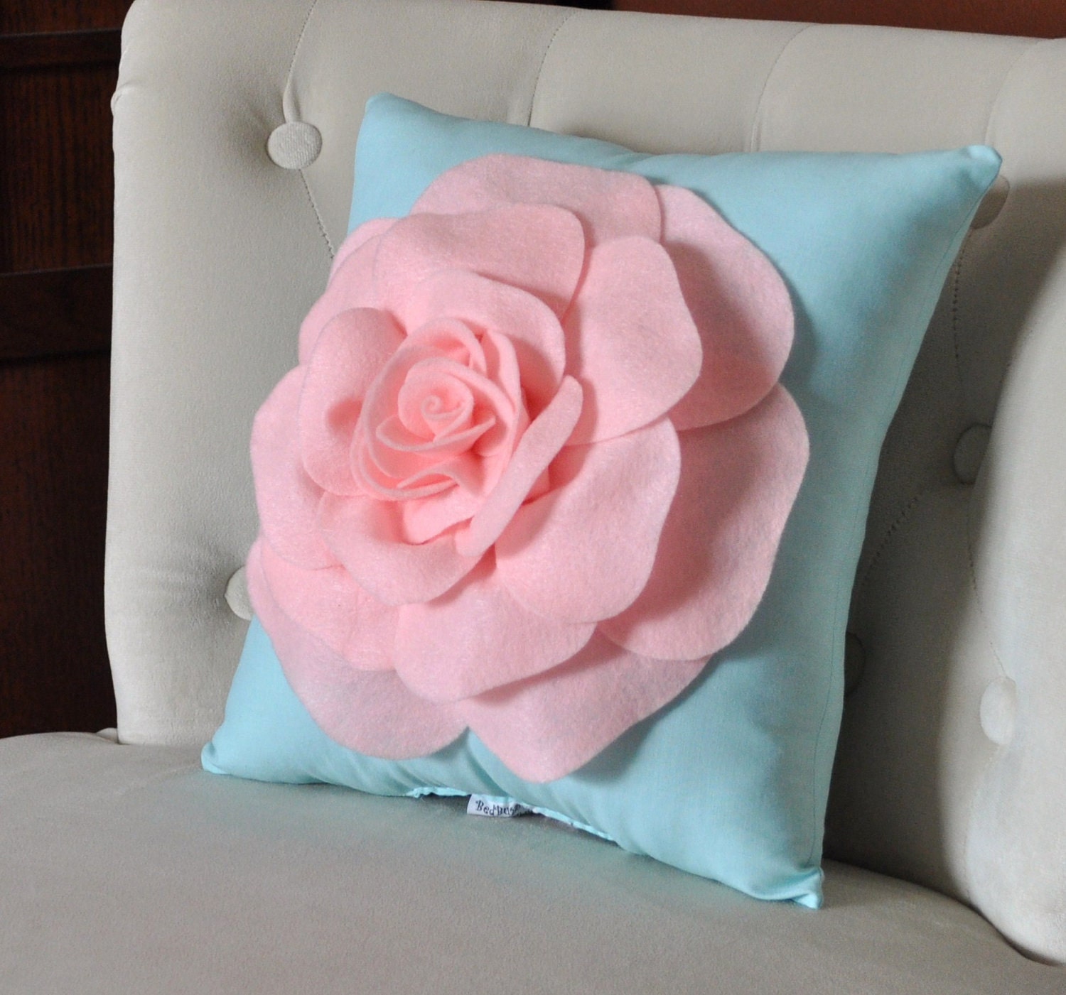 Baby Pink Rose on Aqua Pillow Baby Nursery Decor