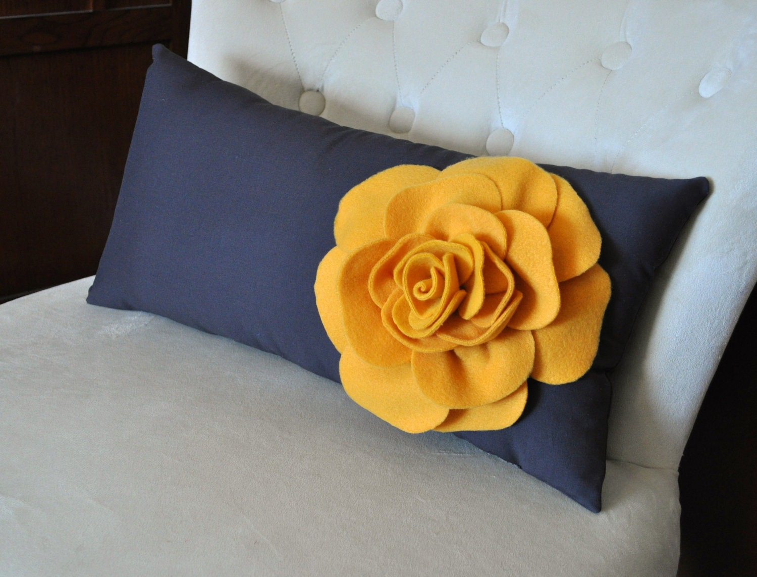 Mustard Rose on Charcoal Gray Lumbar Pillow -Decorative Pillow-