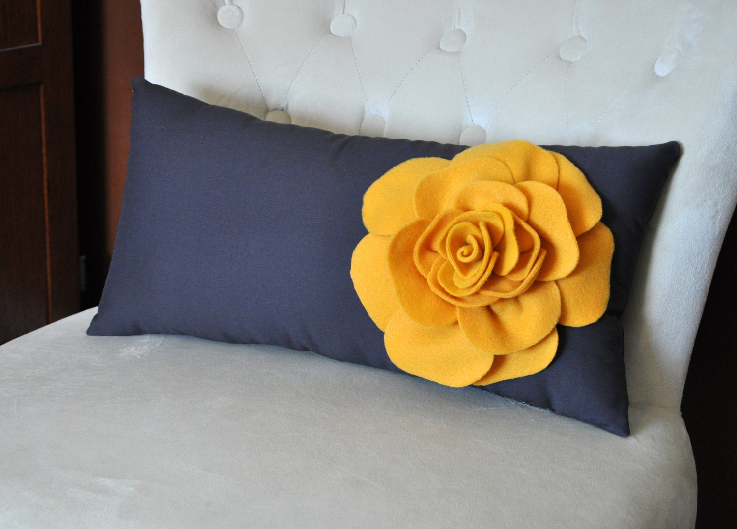 Mustard Rose on Charcoal Gray Lumbar Pillow -Decorative Pillow-