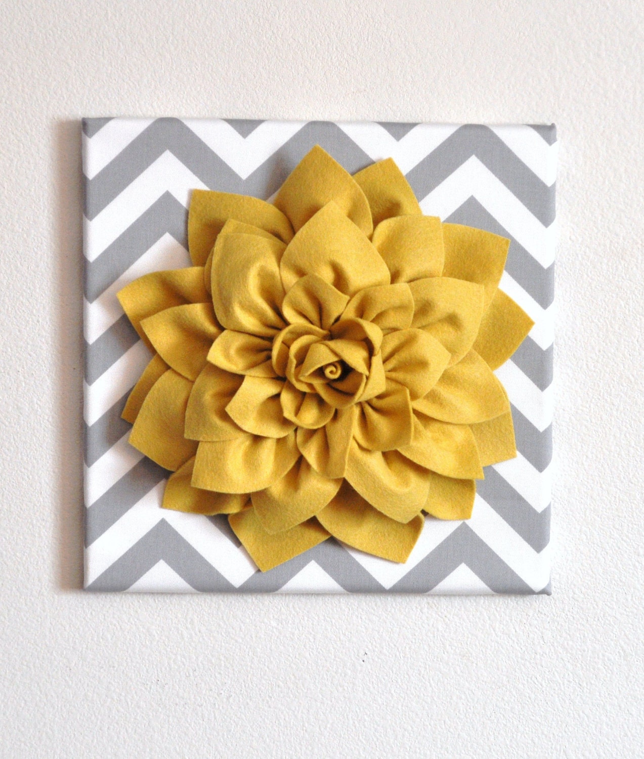 THREE - Wall Flower -Mellow Yellow Dahlia on Gray and White Chevron 12 x12" Canvas Wall Art- 3D Felt Flower