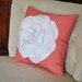 White Rose on Coral Pillow -Coral Pink- Red Orange Salmon Linen- Flower Pillow-
