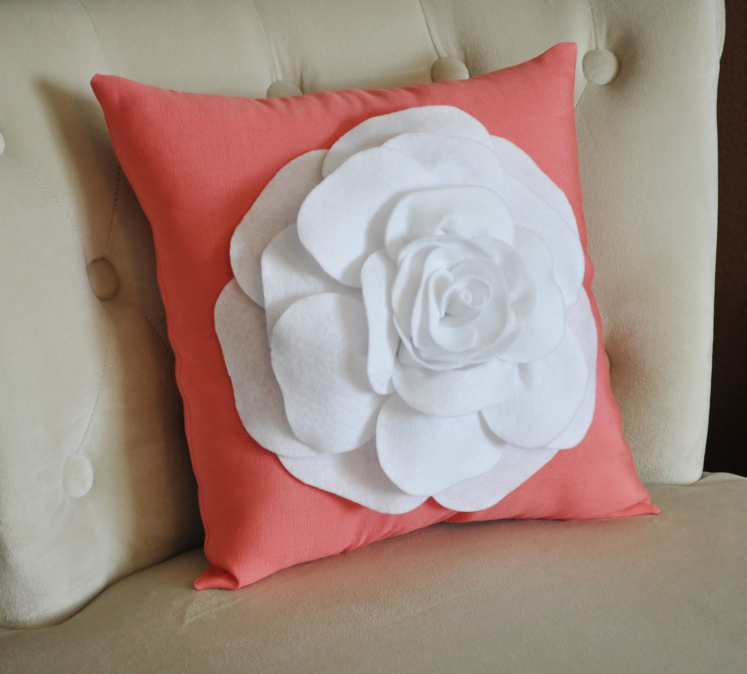 White Rose on Coral Pillow -Coral Pink- Red Orange Salmon Linen- Flower Pillow-